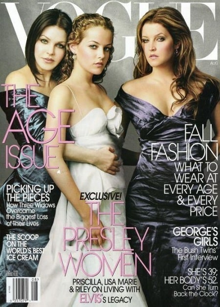 A picture of Riley Keough with her grandma, Priscilla Presley (left) and mother, Lisa Marie Presley (right) on the cover of Vogue magazine.